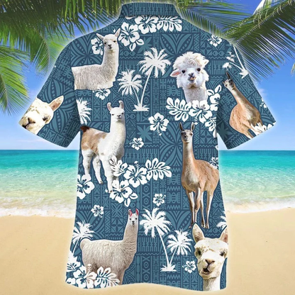 Llama Blue Tribal Hibiscus On Denim Jean Pattern Hawaiian Shirt HO1942