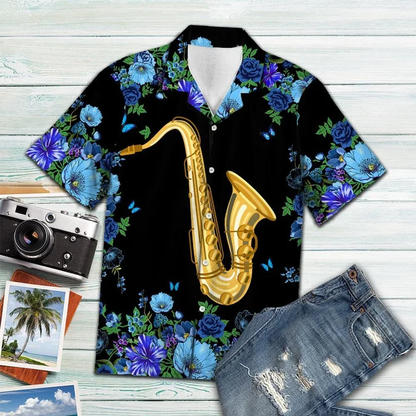 Blue Flower Frame Cover Saxophone On Black Pattern Hawaiian Shirt HO1892