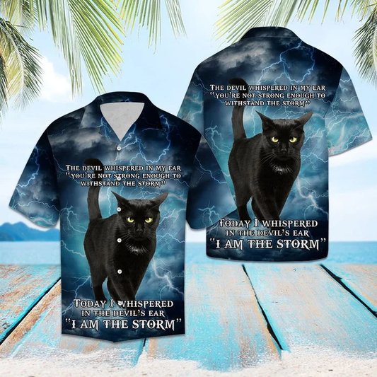 Black Cat I Am The Storm Pattern Hawaiian Shirt HO1893