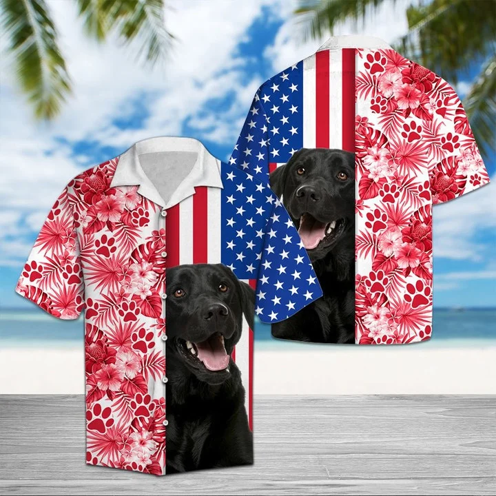 Black Labrador Retriever Usa And Watercolor Tropical Red Plants Hawaiian Shirt HO1895