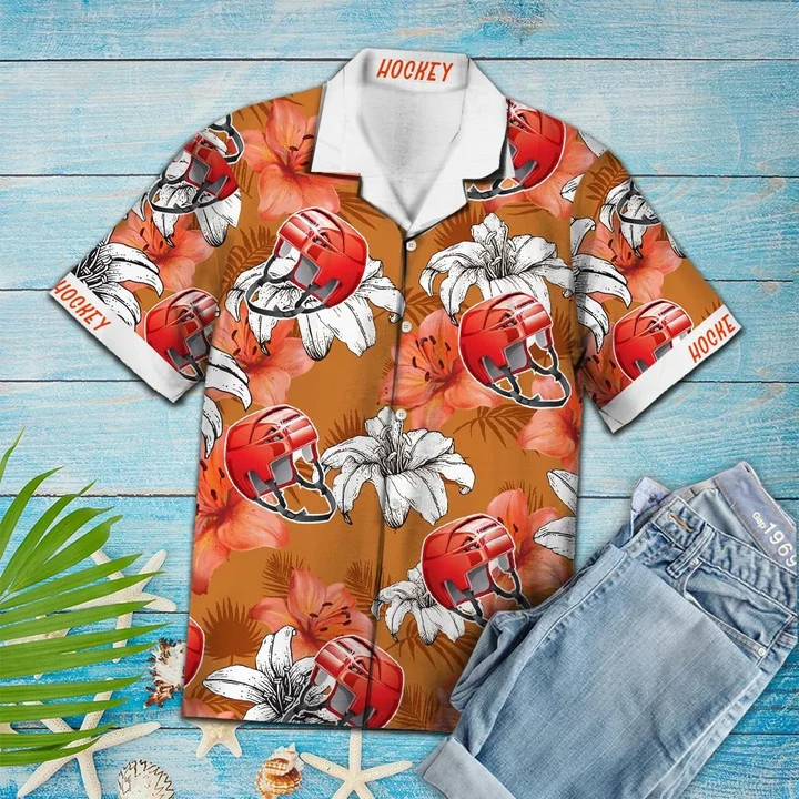 Flower Hawaiian shirt men, Vivid Flower And Hockey Helmet Gift For Hockey Lover Hawaiian Shirt HO1900