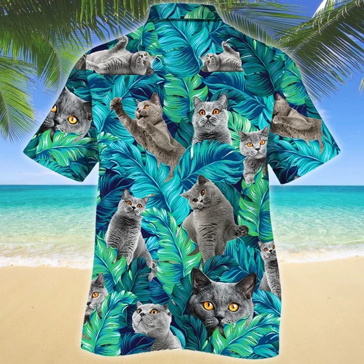 British Shorthair Cat Lovers Gift, Cat Summer Beach Palm Tree Hawaiian Shirt HO1905