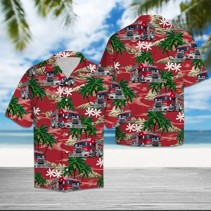 Multicolor Firefighter Car Palm Island Pattern Hawaiian Shirt HO1907