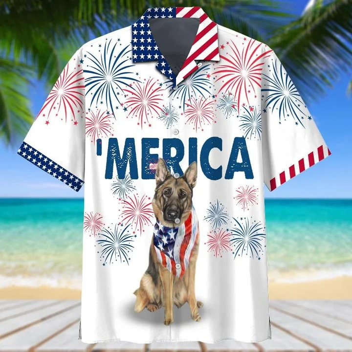 German Shepherd American Flag Red And White Firework Hawaiian Shirt HO1903