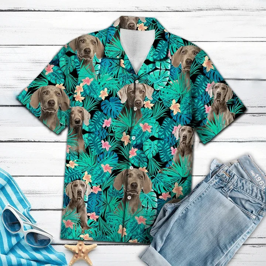 Weimaraner Tropical Flower Pattern Turquoise Theme Hawaiian Shirt HO1902