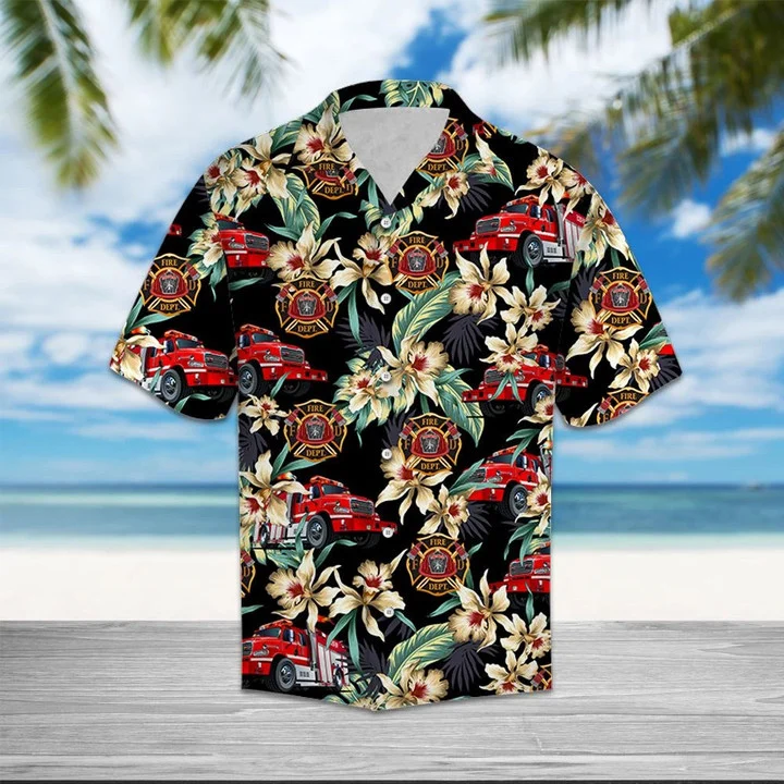 Firefighter Logo With Floral Outstanding Design Hawaiian Shirt HO1918