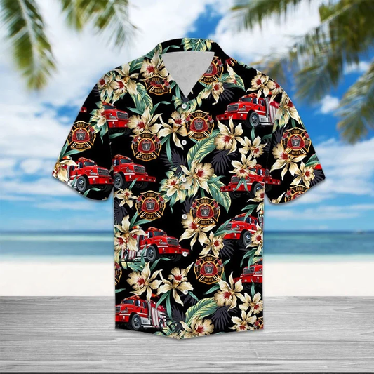 Firefighter Logo With Floral Outstanding Design Hawaiian Shirt HO1918