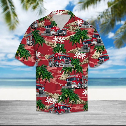 Multicolor Firefighter Car Palm Island Pattern Hawaiian Shirt HO1907