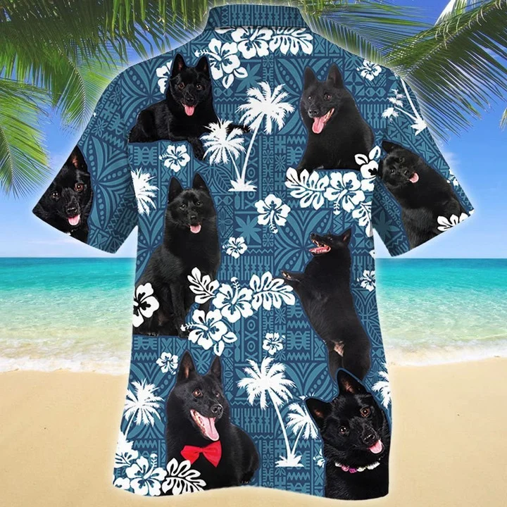 Black Schipperke Dog And Hibiscus On Blue Tribal Pattern Hawaiian Shirt HO1917