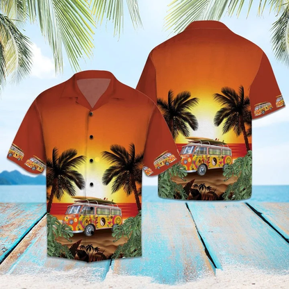 Hippie Bus Under Sunset Palm Tree Beach Themed Pattern Hawaiian Shirt HO1967