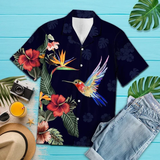 Hummingbird Hawaiian shirt, Vivid Tropical Red Flower And Hummingbird Pattern Hawaiian Shirt HO1979