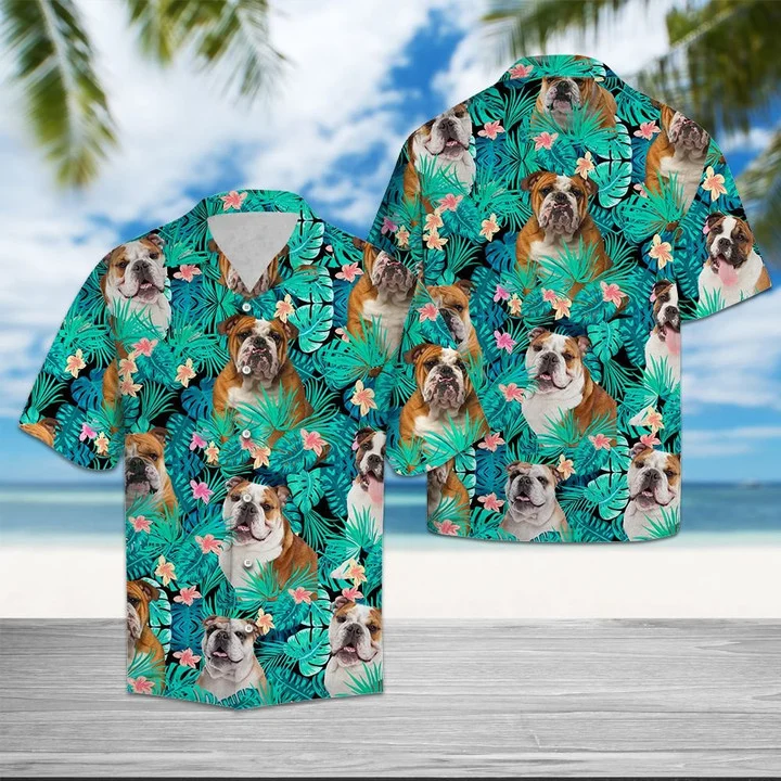 Bulldog Lovers Tropical Palm Tree Leaves Summer Vacation Aloha Hawaiian Shirt HO1987