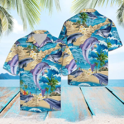 Awesome Dolphin Summer Vacation Ocean Wave Pattern Hawaiian Shirt HO1763