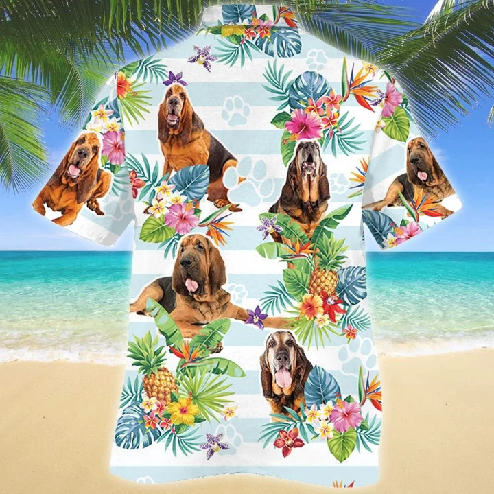 Blue Stripesd Bloodhound Dog Tropical Flower Hawaiian Shirt HO1769