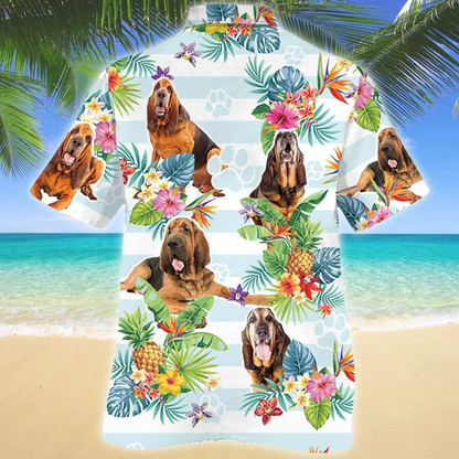 Blue Stripesd Bloodhound Dog Tropical Flower Hawaiian Shirt HO1769