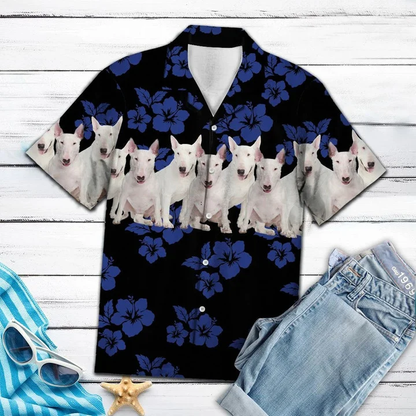 Awesome Bull Terrier Tropical Hibiscus On Black Hawaiian Shirt HO1768