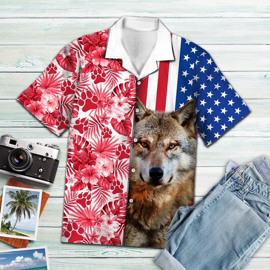 Portrait Of Wolf Usa And Tropical Red Plant Pattern Hawaiian Shirt HO1788