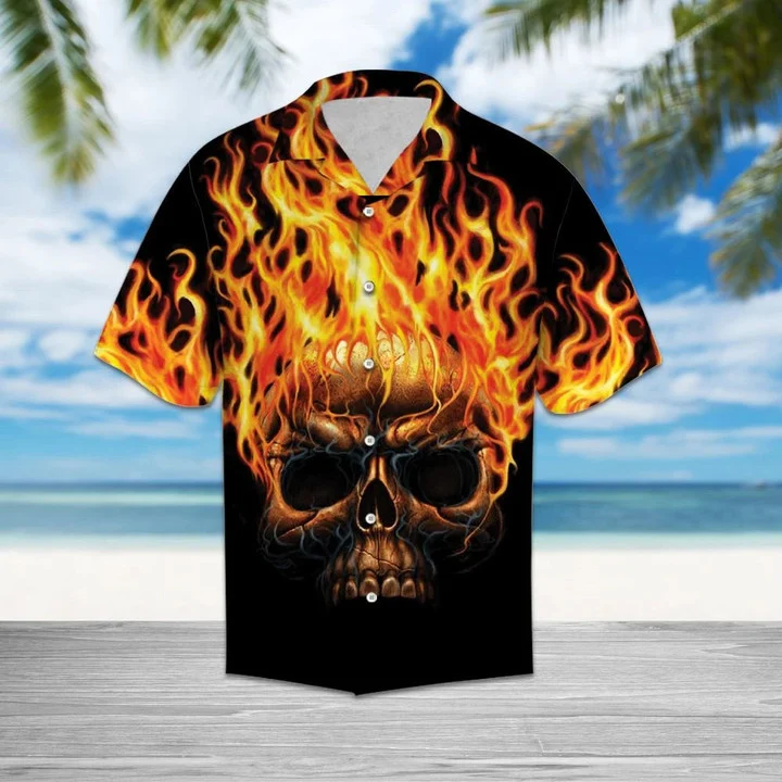 Hawaiian Shirt Flame Metal Skull Head In Black hawaii shirt for Men HO0189