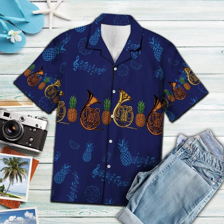 Navy Themed French Horn Musical Instrument Hawaiian Shirt HO1807