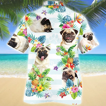 Pug Dog Paw Tropical Flower Blue And White Stripe Hawaiian Shirt, Short Sleeve Hawaiian Aloha Shirt for men and women HO1830