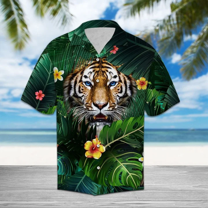 Hiding Tiger In Flower And Leaves Hawaiian Shirt, Short Sleeve Hawaiian Aloha Shirt for men and women HO1826