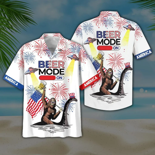 Beer Mode On Bigfoot Ufo White Hawaiian Shirt, Short Sleeve Hawaiian Aloha Shirt for men HO1840