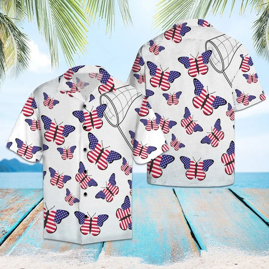 Amazing Butterflies With American Flag Hawaiian Shirt, Short Sleeve Hawaiian Aloha Shirt for men HO1847