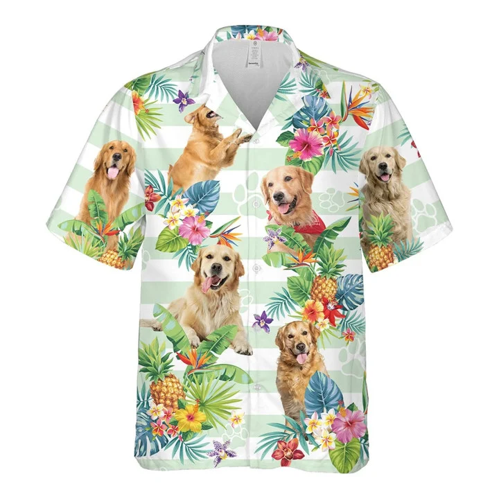 Blue Striped Golden Retriever Dog Tropical Flower Hawaiian Shirt for Men and women HO1854