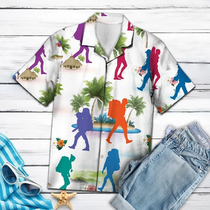 Colorful Hiking With Palm Trees Hawaiian Shirt for Men HO1853