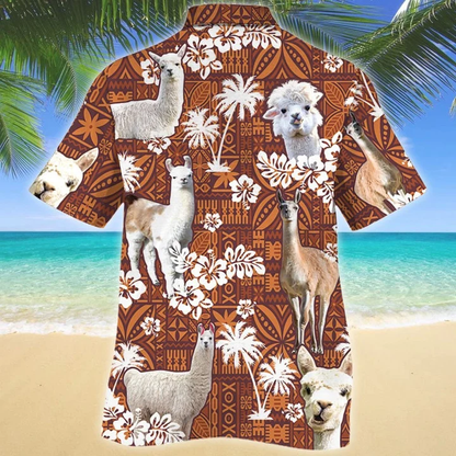 Llama And White Hibiscus On Brown Tribal Hawaiian Shirt, Short Sleeve Hawaiian Aloha Shirt for men HO1843