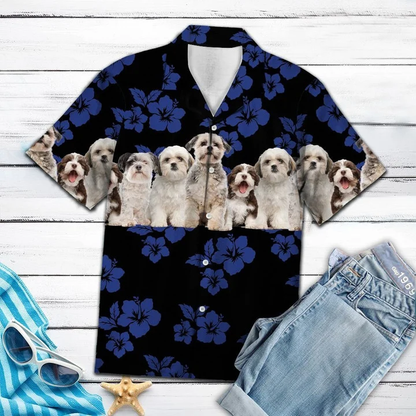 Shih Tzu Hawaiian shirt, Dog Hawaiian shirt, Tropical Hibiscus On Black Pattern Hawaiian Shirt HO1856