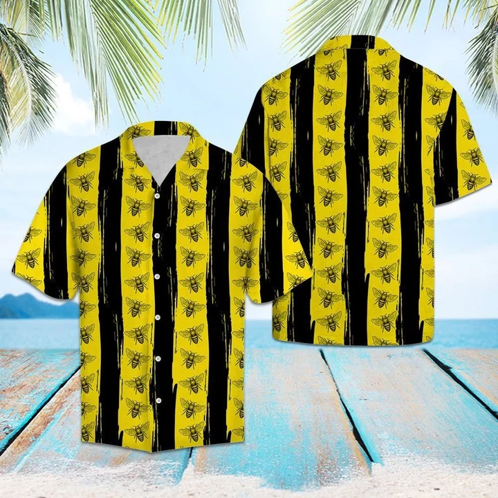 Black Stripes In Yellow Bees Design Hawaiian Shirt HO1878