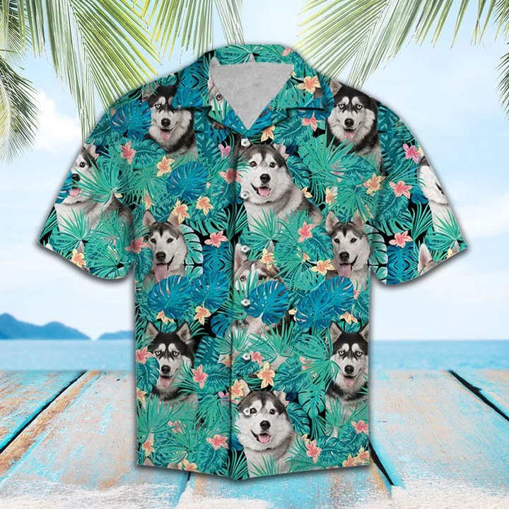 Lovely Siberian Husky In Tropical Palm Leaves Summer Hawaiian Shirt HO1746