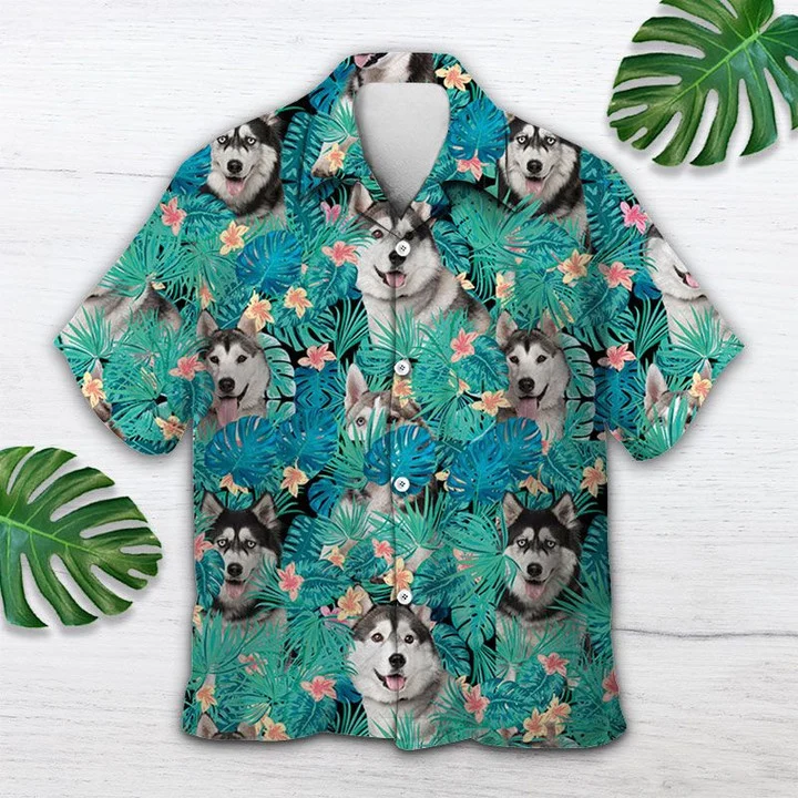 Lovely Siberian Husky In Tropical Palm Leaves Summer Hawaiian Shirt HO1746