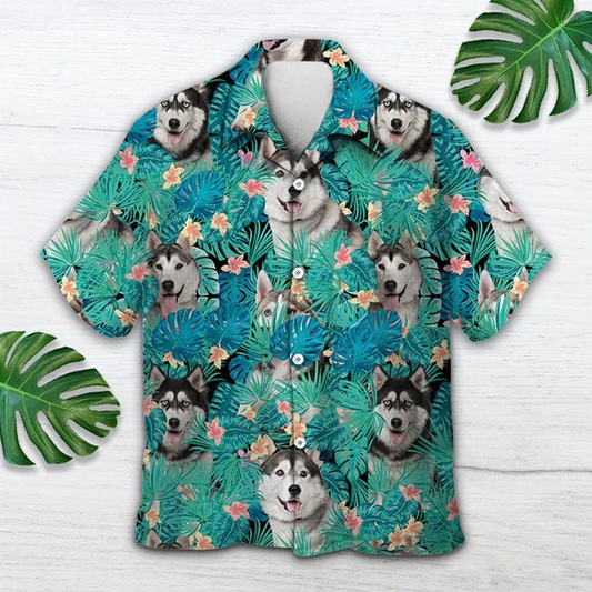 Lovely Siberian Husky In Tropical Palm Leaves Summer Hawaiian Shirt HO1746