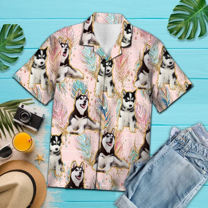 Playful Siberian Husky Boho Feather Pattern Hawaiian Shirt HO1875
