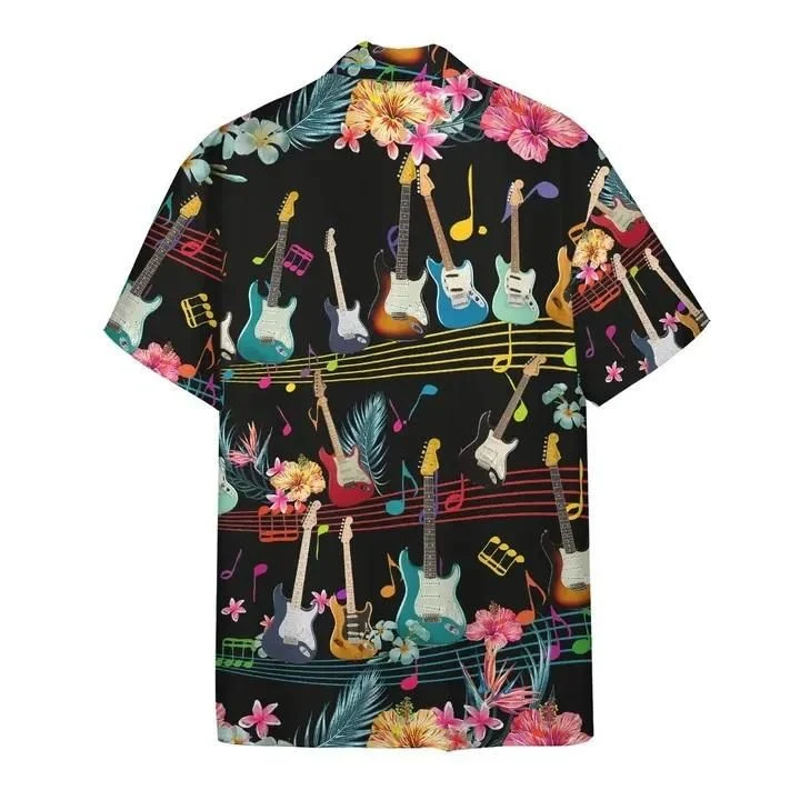 Electric Guitar On Music Stave And Notes Black Hawaiian Shirt, Summer Short Sleeve Hawaiian Aloha Shirt HO1743