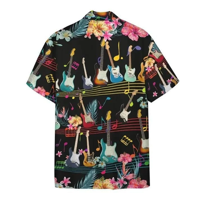 Electric Guitar On Music Stave And Notes Black Hawaiian Shirt, Summer Short Sleeve Hawaiian Aloha Shirt HO1743
