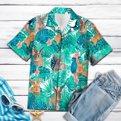 Adorable Rabbit Tropical Lost In Lively Palm Leaves Hawaiian Shirt, Summer aloha hawaii shirt for Men women HO1716