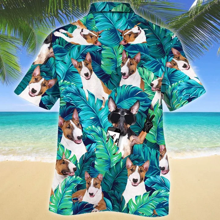 Miniature Bull Terrier Dog Summer Beach Palm Tree Hawaiian Shirt, Summer aloha hawaii shirt for Men women HO1721