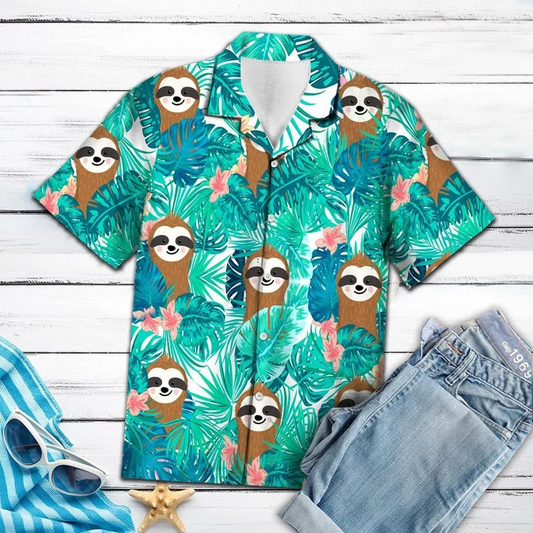 Smiling Sloth With Tropical Palm Leaves Summer Hawaiian Shirt, Short Sleeve Hawaiian Aloha Shirt HO1710