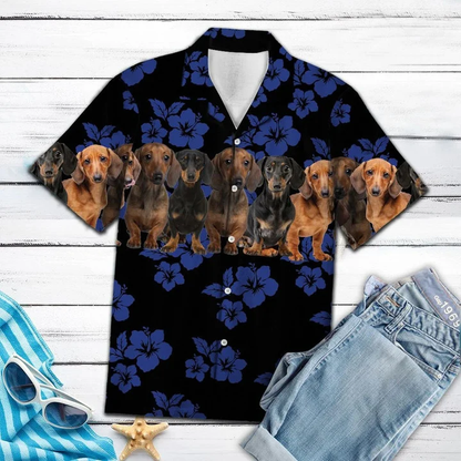 Dachshund Dogs With Blue Hibiscus In Black Hawaiian Shirt for men and women, Gift for dog lovers HO1665