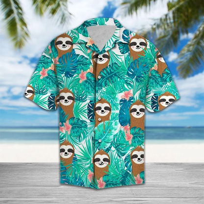 Cute Sloth On Tropical Forest Pattern Blue Theme Hawaiian Shirt HO1657