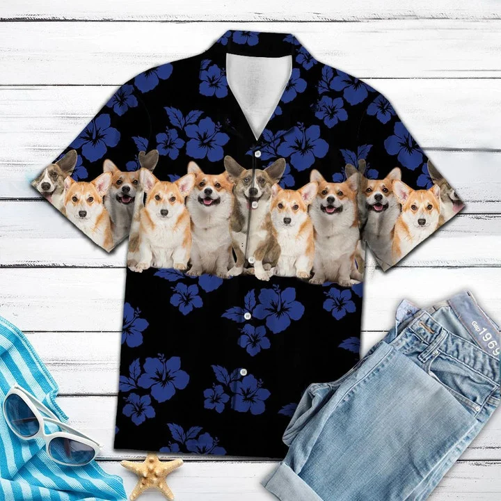 Awesome Pembroke Welsh Corgi Tropical Hibiscus On Black Pattern Hawaiian Shirt HO1606
