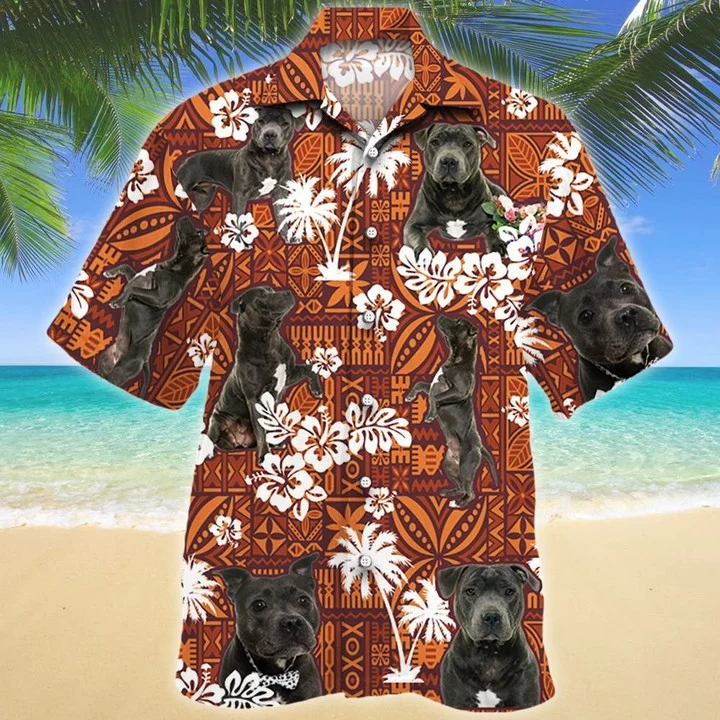 Staffordshire Bull Terrier Dog Red And Orange Tribal Pattern Hawaiian Shirt HO1620