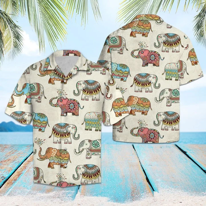 Colorful Mandala Elephant In Beige Hawaiian Shirt HO1613