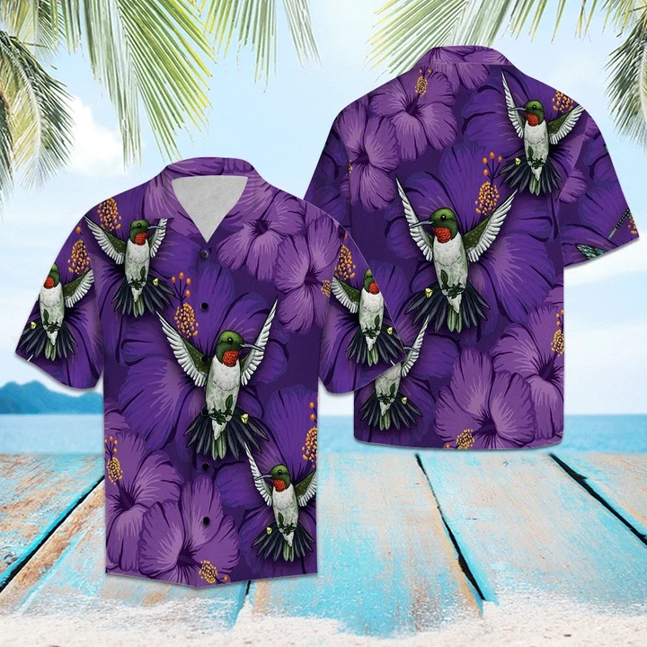 Hawaiian Shirt Blossom Purple Hibiscus With Hummingbird hawaiian shirt for Men HO1652
