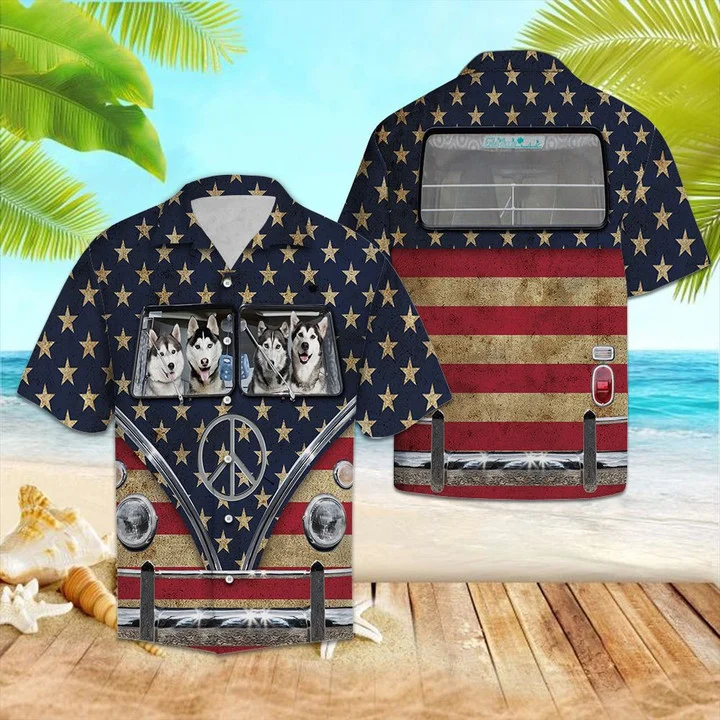 Happy Siberian Husky Family Riding Flag Hippie Bus Hawaiian Shirt HO1649