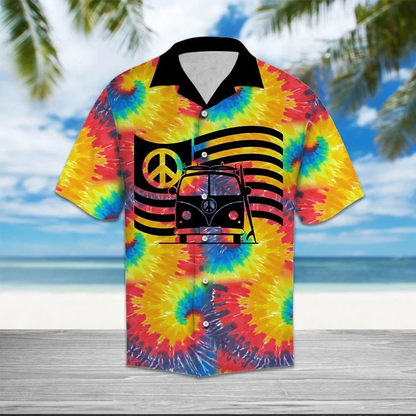 Hippie Car Humankind Be Both Peace Sign Flag On Swirl Tie Dye Hawaiian Shirt HO1405