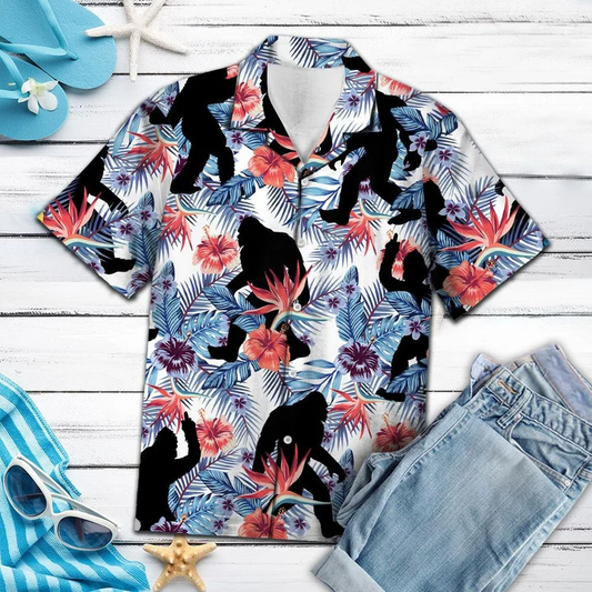 Black Bigfoot Tropical Palm Tree Leaves Summer Vacation Aloha Hawaiian Shirt HO1407
